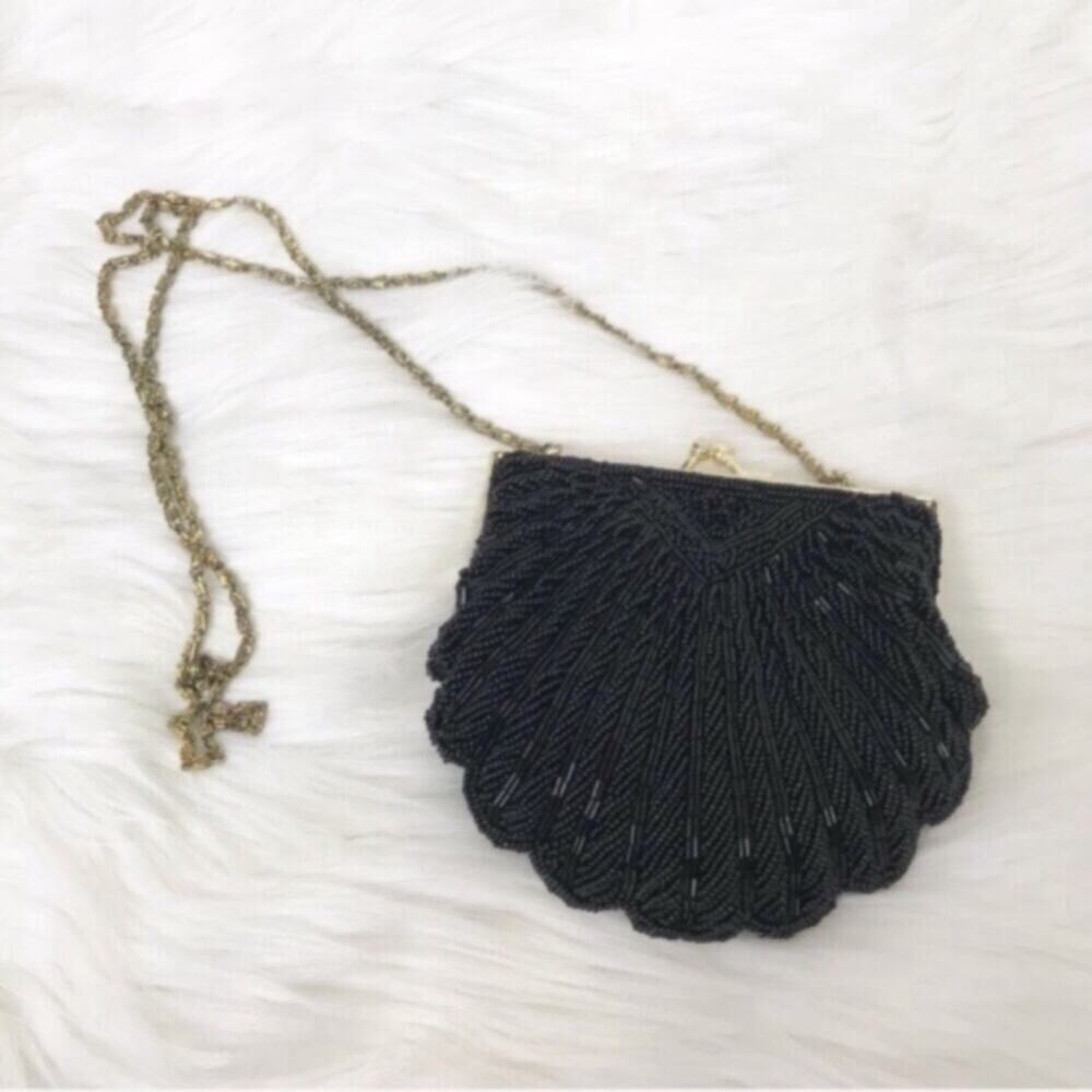 La Regale Vintage Black Crossbody Bag Beaded Satin Purse